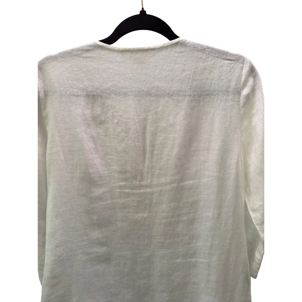 Michael Kors Linen Tunic Women Small White Beaded Split Neck 3/4 Sleeve Boho